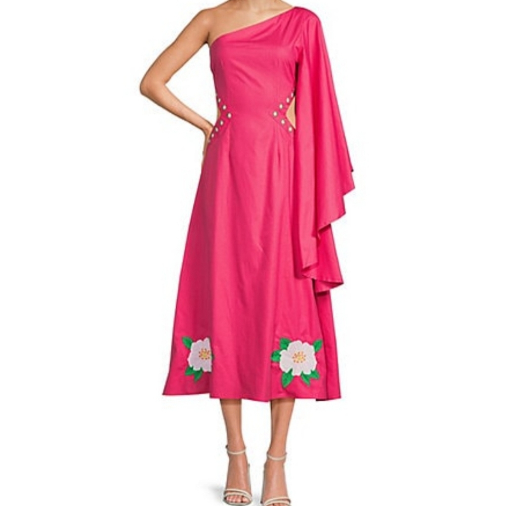 Fanm Mon Dress XS pink 100% Cotton Amarya Midi Cut Out One Shoulder Long New$400